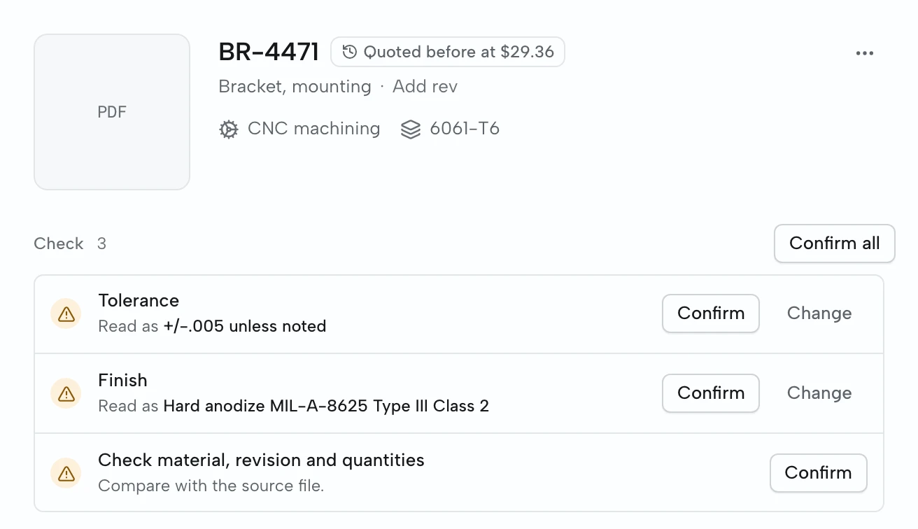Part BR-4471 in the worksheet with three checks: tolerance read as +/-.005 unless noted, finish read as hard anodize MIL-A-8625 Type III Class 2, and material, revision and quantities to confirm against the source file.