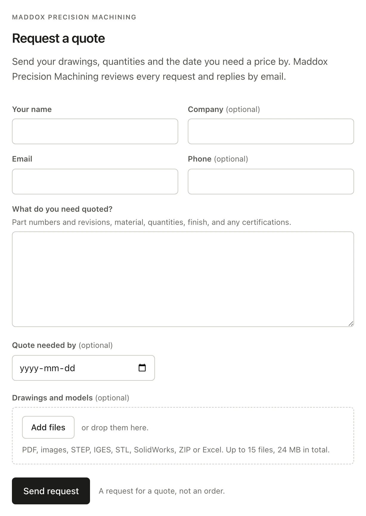 The request form a buyer sees: Maddox Precision Machining, Request a quote, with name, company, email, phone, what to quote, quote needed by, and drawings and models.