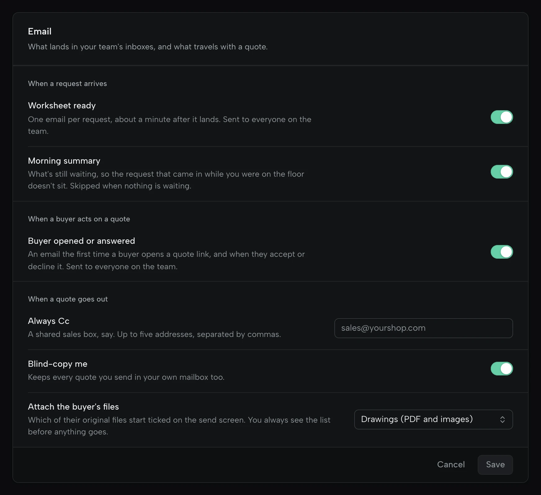 Email settings: worksheet ready, morning summary, buyer opened or answered, always Cc, blind-copy me, and which of the buyer’s files to attach.