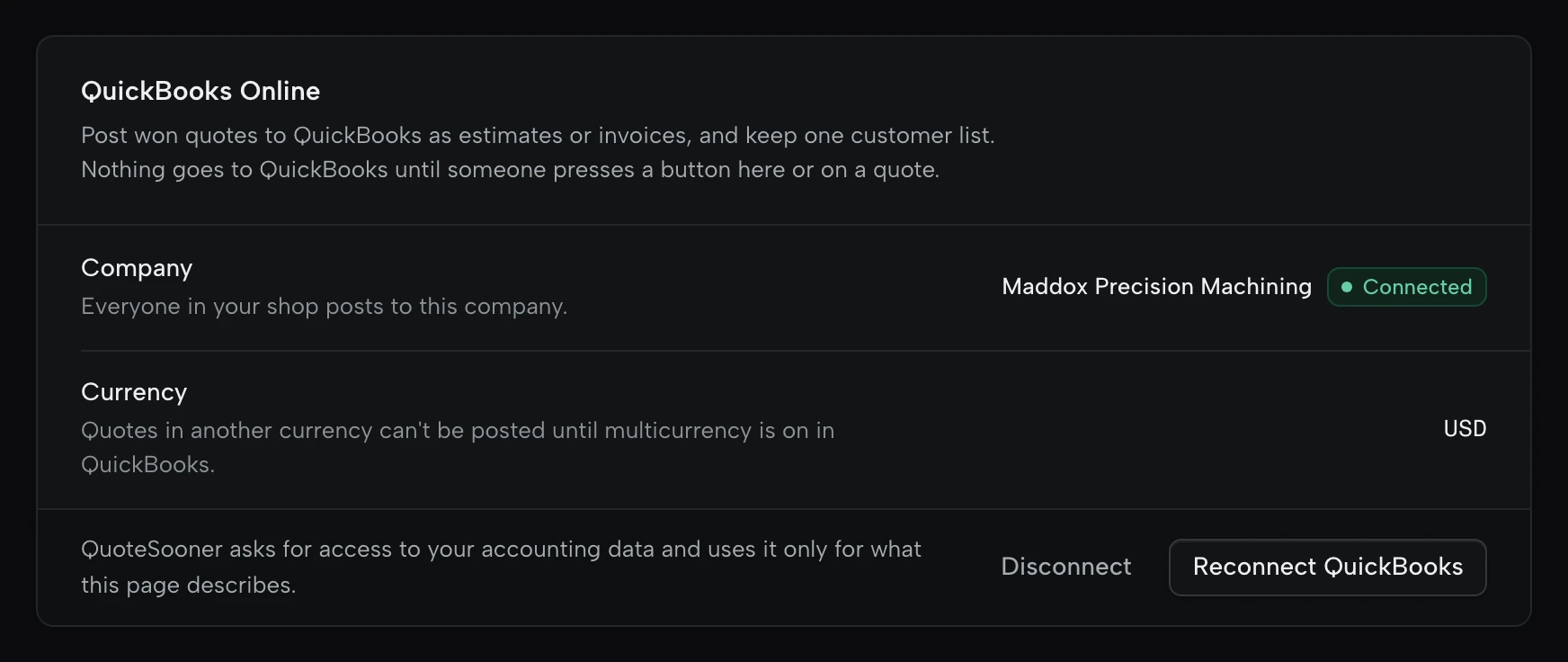 QuickBooks Online settings: Maddox Precision Machining, Connected, currency USD, with Disconnect and Reconnect QuickBooks.