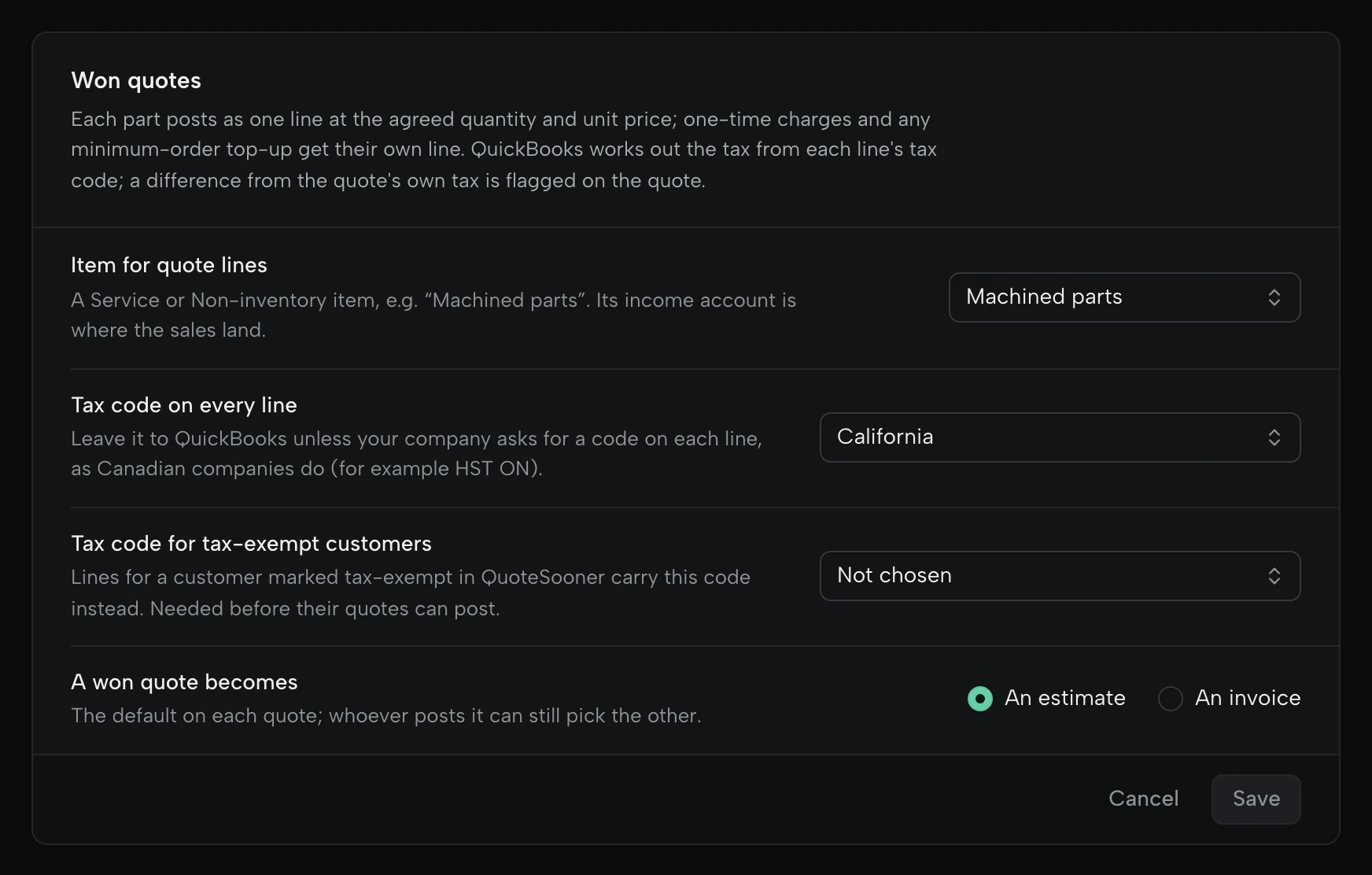 Won quotes settings: item for quote lines Machined parts, tax code on every line, tax code for tax-exempt customers, and a won quote becomes an estimate or an invoice.